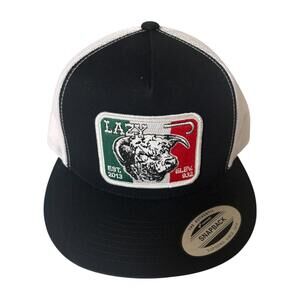 (A) Lazy J Ranch NWT Black & White Trucker Snapback Hat Ram Patch Cap Cowboy